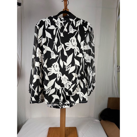 Chenault Womens 3X Black White Floral Surplice Wrap Blouse Sheer Long Sleeve Top - Picture 2 of 4